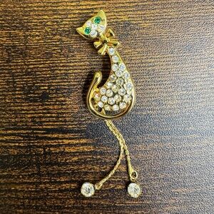 Gold Fancy Cat Brooch with Dangle Crystals Green Eyes and Bow Tie Vintage
